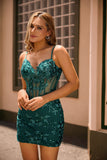 Sparkly Dark Green Sequins Bodycon Backless Corset Homecoming Dress