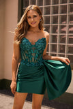 Sparkly Bodycon Strapless Dark Green Corset Sequins Homecoming Dress with Streamer