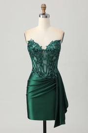 Dark Green Strapless Appliqued Tight Short Homecoming Dress with Side Cape