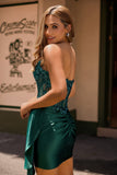 Sparkly Bodycon Strapless Dark Green Corset Sequins Homecoming Dress with Streamer