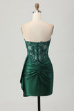 Sparkly Bodycon Strapless Dark Green Corset Sequins Homecoming Dress with Streamer