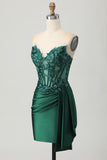 Dark Green Strapless Appliqued Tight Short Homecoming Dress with Side Cape