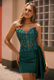 Sparkly Bodycon Strapless Dark Green Corset Sequins Homecoming Dress with Streamer