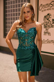Sparkly Bodycon Strapless Dark Green Corset Sequins Homecoming Dress with Streamer