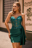 Sparkly Bodycon Strapless Dark Green Corset Sequins Homecoming Dress with Streamer