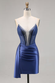 Sparkly Navy Corset Satin Tight Beaded Homecoming Dress with Streamer