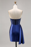 Sparkly Navy Corset Satin Tight Beaded Homecoming Dress with Streamer