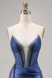 Sparkly Navy Corset Satin Tight Beaded Homecoming Dress with Streamer