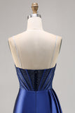 Sparkly Navy Corset Satin Tight Beaded Homecoming Dress with Streamer
