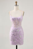 Glitter Lilac Sequins Corset Tight Short Homecoming Dress with Lace Up Back
