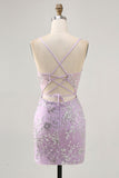 Glitter Lilac Sequins Corset Tight Short Homecoming Dress with Lace Up Back