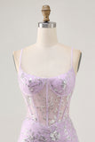 Floral Lilac Corset Appliqued Short Homecoming Dress with 3D Flowers