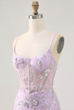 Floral Lilac Corset Appliqued Short Homecoming Dress with 3D Flowers