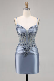 Grey Blue Bodycon Satin Corset Short Homecoming Dress with Beading