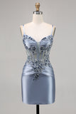 Grey Blue Bodycon Satin Corset Short Homecoming Dress with Beading