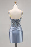 Grey Blue Bodycon Beaded Sheer Corset Homecoming Dress with Appliques
