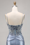 Grey Blue Bodycon Satin Corset Short Homecoming Dress with Beading