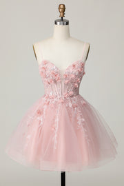 Pink A Line Corset Tulle Beaded Homecoming Dress with 3D Flowers