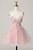 Pink Corset A Line Beaded Short Homecoming Dress with Appliques