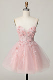 Pink A Line Corset Tulle Beaded Homecoming Dress with 3D Flowers