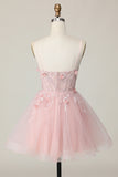 Pink A Line Corset Tulle Beaded Homecoming Dress with 3D Flowers