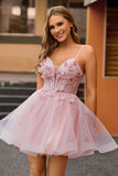 Pink Corset A Line Beaded Short Homecoming Dress with Appliques