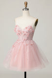 Pink A Line Corset Tulle Beaded Homecoming Dress with 3D Flowers