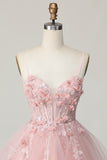 Pink A Line Corset Tulle Beaded Homecoming Dress with 3D Flowers