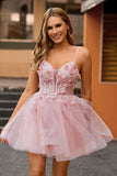 Pink Corset A Line Beaded Short Homecoming Dress with Appliques