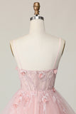 Pink A Line Corset Tulle Beaded Homecoming Dress with 3D Flowers