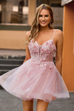 Pink Corset A Line Beaded Short Homecoming Dress with Appliques