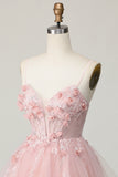 Pink A Line Corset Tulle Beaded Homecoming Dress with 3D Flowers