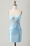 Sky Blue Strapless Bodycon Beaded Short Satin Homecoming Dress with 3D Flowers