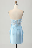 Sky Blue Strapless Bodycon Beaded Short Satin Homecoming Dress with 3D Flowers
