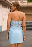 Sky Blue Strapless Bodycon Beaded Short Satin Homecoming Dress with 3D Flowers