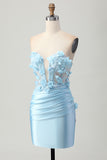 Sky Blue Strapless Sequins Tight Short Homecoming Dress with 3D Flowers
