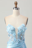 Sky Blue Strapless Sequins Tight Short Homecoming Dress with 3D Flowers