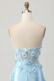 Sky Blue Strapless Sequins Tight Short Homecoming Dress with 3D Flowers