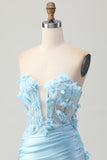 Sky Blue Strapless Sequins Tight Short Homecoming Dress with 3D Flowers