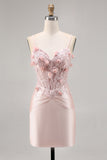 Pink Bodycon Satin Corset Beaded Short Homecoming Dress with Appliques