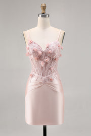 Pink Bodycon Corset Beaded Satin Homecoming Dress with 3D Flowers