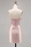 Pink Bodycon Satin Corset Beaded Short Homecoming Dress with Appliques