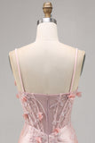 Pink Bodycon Corset Beaded Satin Homecoming Dress with 3D Flowers