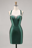 Dark Green Bodycon Corset Backless Satin Homecoming Dress with Rhinestones