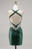 Dark Green Bodycon Corset Backless Satin Homecoming Dress with Rhinestones