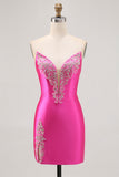 Fuchsia Strapless Beaded Tight Satin Short Homecoming Dress with Rhinestones