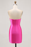 Fuchsia Strapless Beaded Tight Satin Short Homecoming Dress with Rhinestones