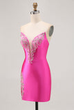 Fuchsia Strapless Beaded Tight Satin Short Homecoming Dress with Rhinestones