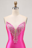 Fuchsia Strapless Beaded Tight Satin Short Homecoming Dress with Rhinestones