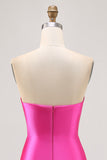 Fuchsia Strapless Beaded Tight Satin Short Homecoming Dress with Rhinestones